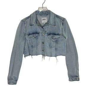 Zara Womens Cropped Denim Jacket Blue Size L 100% Cotton Jean Trucker